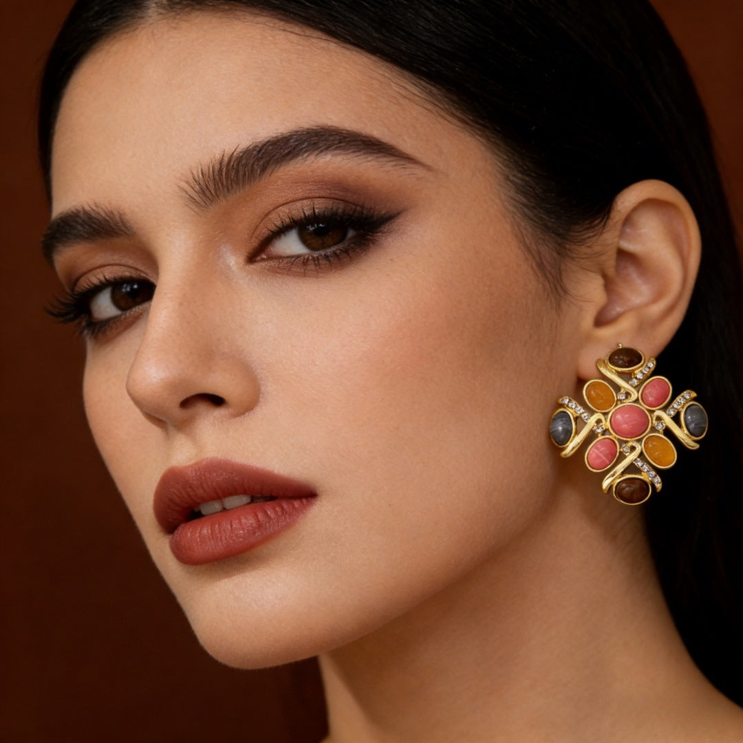 Agate S925 Silver-Needle Court-Style Retro High-End Earrings