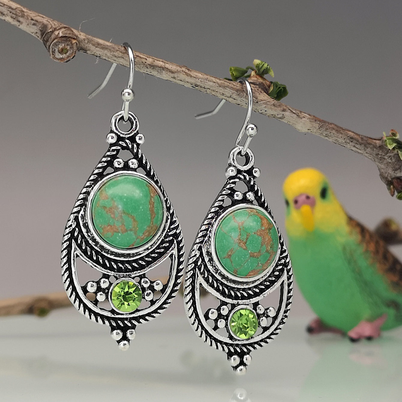 Retro Thai Silver Dragon Crystal Turquoise Earrings