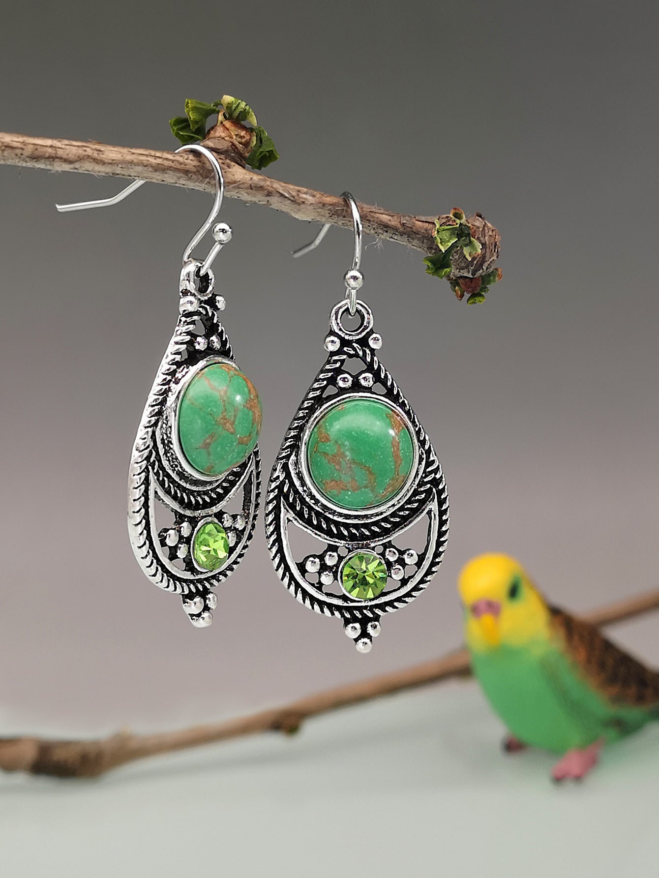 Retro Thai Silver Dragon Crystal Turquoise Earrings